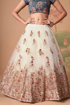 off white net lehenga set choli with dupatta with gold blouse and dupatta
