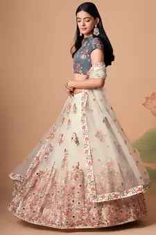 off white net lehenga set choli with dupatta with gold blouse and dupatta