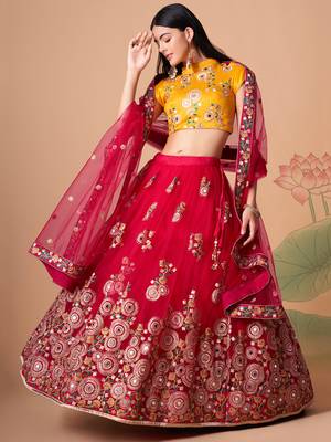 rani pink net lehenga set choli with dupatta with yellow blouse and dupatta 1