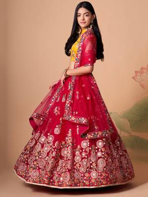 rani pink net lehenga set choli with dupatta with yellow blouse and dupatta 2