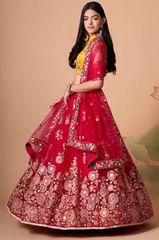 rani pink net lehenga set choli with dupatta with yellow blouse and dupatta