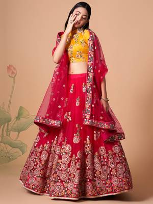 rani pink net lehenga set choli with dupatta with yellow blouse and dupatta 3