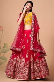 rani pink net lehenga set choli with dupatta with yellow blouse and dupatta
