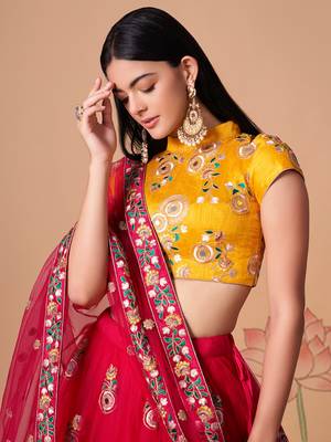 rani pink net lehenga set choli with dupatta with yellow blouse and dupatta 4