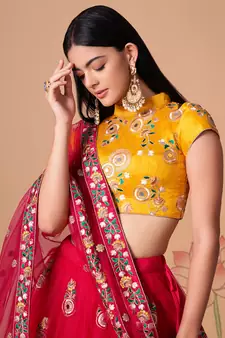 rani pink net lehenga set choli with dupatta with yellow blouse and dupatta