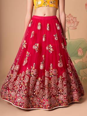 rani pink net lehenga set choli with dupatta with yellow blouse and dupatta 5