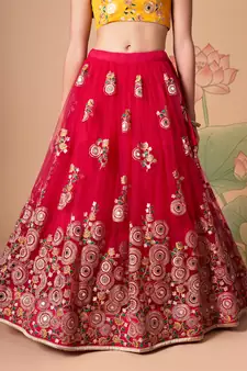 rani pink net lehenga set choli with dupatta with yellow blouse and dupatta