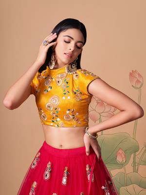 rani pink net lehenga set choli with dupatta with yellow blouse and dupatta 6