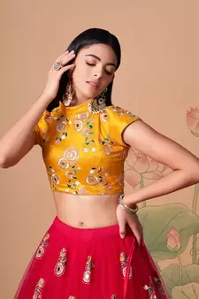 rani pink net lehenga set choli with dupatta with yellow blouse and dupatta