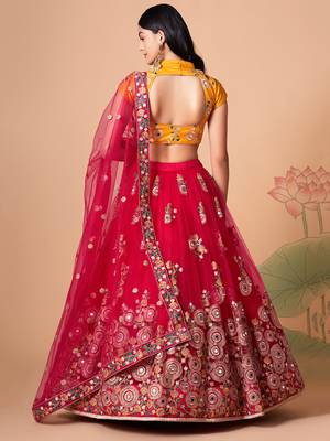 rani pink net lehenga set choli with dupatta with yellow blouse and dupatta 7