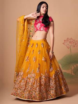 yellow net lehenga set choli with dupatta with gold blouse and dupatta 2