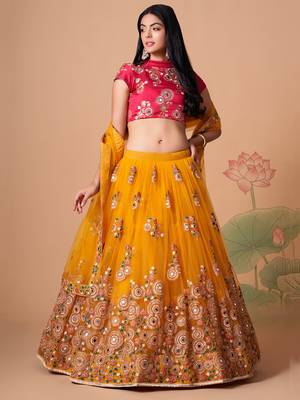 yellow net lehenga set choli with dupatta with gold blouse and dupatta 1