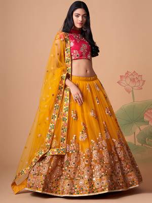 yellow net lehenga set choli with dupatta with gold blouse and dupatta 3