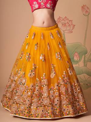 yellow net lehenga set choli with dupatta with gold blouse and dupatta 4