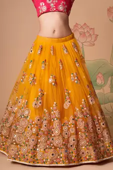 yellow net lehenga set choli with dupatta with gold blouse and dupatta