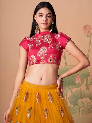 yellow net lehenga set choli with dupatta with gold blouse and dupatta 5
