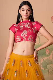 yellow net lehenga set choli with dupatta with gold blouse and dupatta