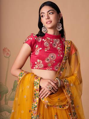 yellow net lehenga set choli with dupatta with gold blouse and dupatta 6