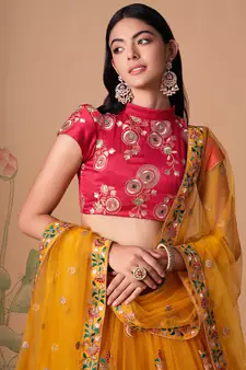 yellow net lehenga set choli with dupatta with gold blouse and dupatta