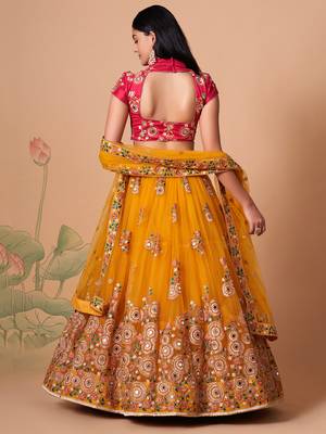 yellow net lehenga set choli with dupatta with gold blouse and dupatta 8