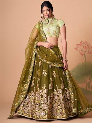 mehndi green net lehenga set choli with dupatta with blouse and dupatta 1