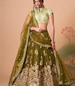 Amazing Mehndi Green Net Bridesmaid Lehenga Choli with Blouse and Dupatta