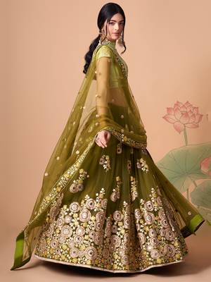 mehndi green net lehenga set choli with dupatta with blouse and dupatta 2
