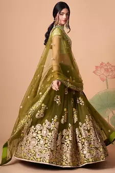 mehndi green net lehenga set choli with dupatta with blouse and dupatta