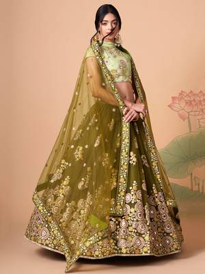 mehndi green net lehenga set choli with dupatta with blouse and dupatta 3