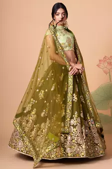 mehndi green net lehenga set choli with dupatta with blouse and dupatta