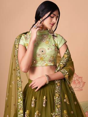 mehndi green net lehenga set choli with dupatta with blouse and dupatta 4