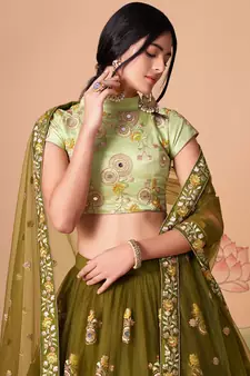 mehndi green net lehenga set choli with dupatta with blouse and dupatta