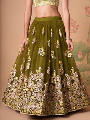 mehndi green net lehenga set choli with dupatta with blouse and dupatta 5