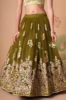 mehndi green net lehenga set choli with dupatta with blouse and dupatta