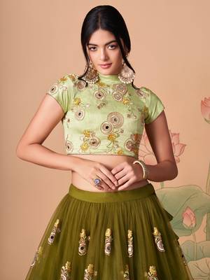 mehndi green net lehenga set choli with dupatta with blouse and dupatta 6