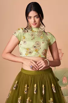 mehndi green net lehenga set choli with dupatta with blouse and dupatta