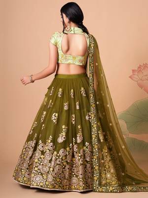mehndi green net lehenga set choli with dupatta with blouse and dupatta 7