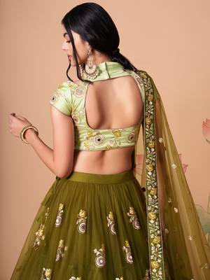 mehndi green net lehenga set choli with dupatta with blouse and dupatta 8