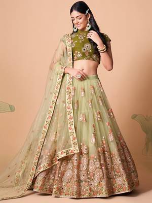 Amazing Pista Green Net Bridesmaid Lehenga Choli with Blouse and Dupatta 1