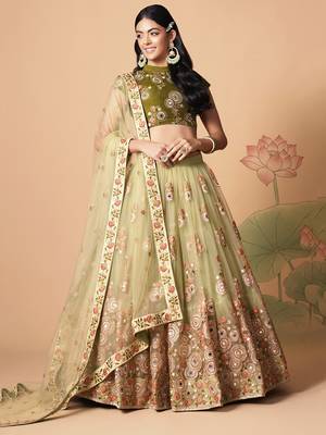 Amazing Pista Green Net Bridesmaid Lehenga Choli with Blouse and Dupatta 2