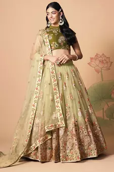 Amazing Pista Green Net Bridesmaid Lehenga Choli with Blouse and Dupatta