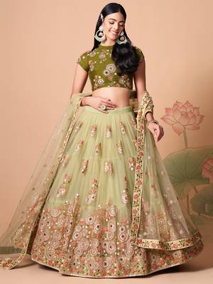 Amazing Pista Green Net Bridesmaid Lehenga Choli with Blouse and Dupatta 3
