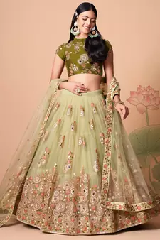 Amazing Pista Green Net Bridesmaid Lehenga Choli with Blouse and Dupatta