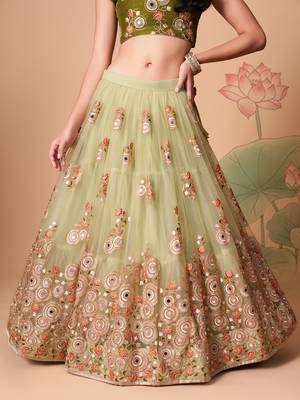 Amazing Pista Green Net Bridesmaid Lehenga Choli with Blouse and Dupatta 4