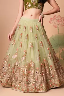 Amazing Pista Green Net Bridesmaid Lehenga Choli with Blouse and Dupatta