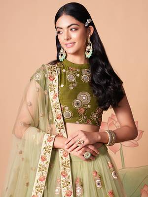 Amazing Pista Green Net Bridesmaid Lehenga Choli with Blouse and Dupatta 6