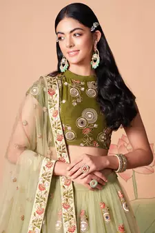 Amazing Pista Green Net Bridesmaid Lehenga Choli with Blouse and Dupatta