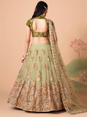 Amazing Pista Green Net Bridesmaid Lehenga Choli with Blouse and Dupatta 7