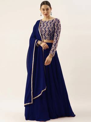 blue georgette thread embroidered lehenga set choli with dupatta  1