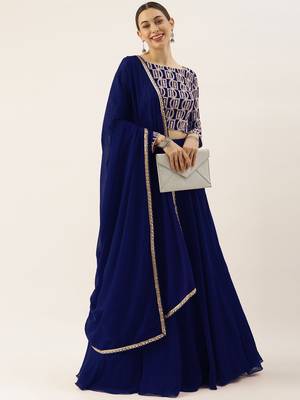 blue georgette thread embroidered lehenga set choli with dupatta  2